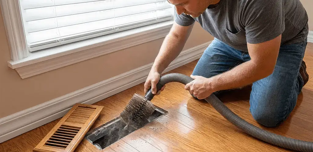 Air duct cleaning technician vacuuming a floor vent and duct opening in Pittsburgh, PA