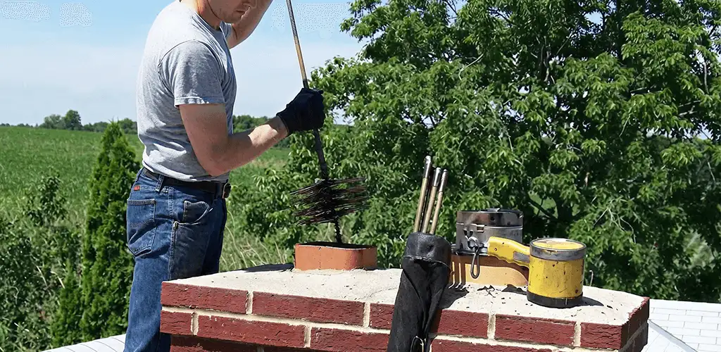 Chimney cleaning technician working on a rooftop chimney with professional tools in Pittsburgh, PA
