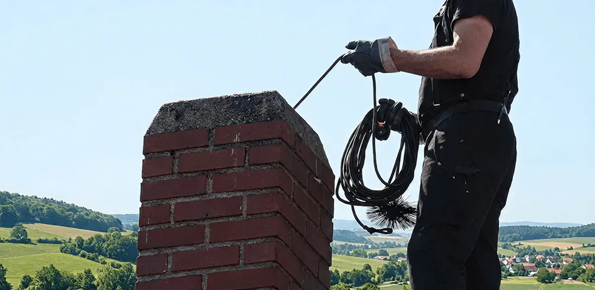 Chimney sweep inspecting and cleaning a rooftop chimney in Pittsburgh, PA