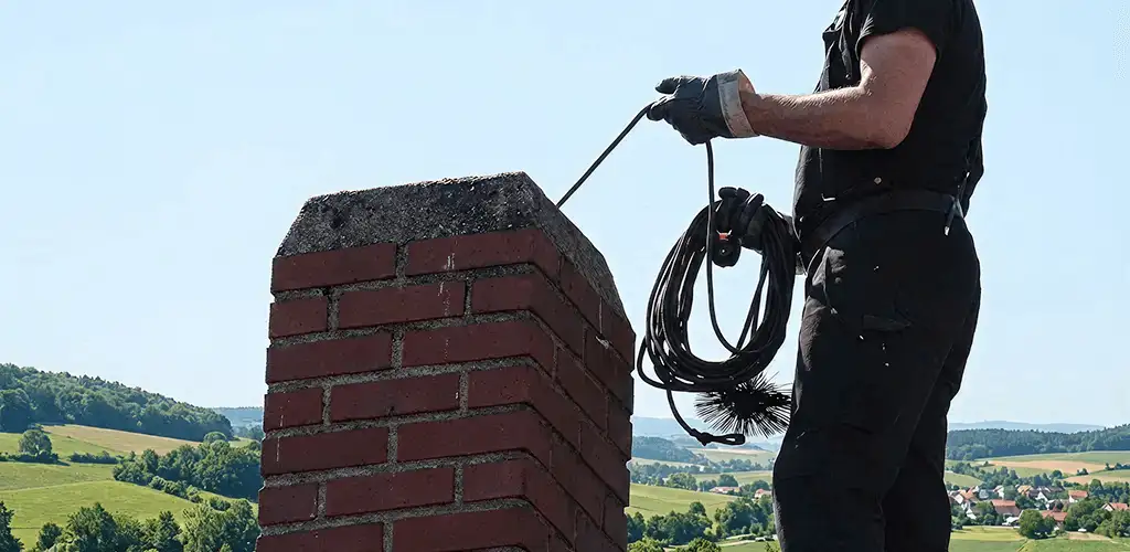 Chimney sweep inspecting and cleaning a rooftop chimney in Pittsburgh, PA
