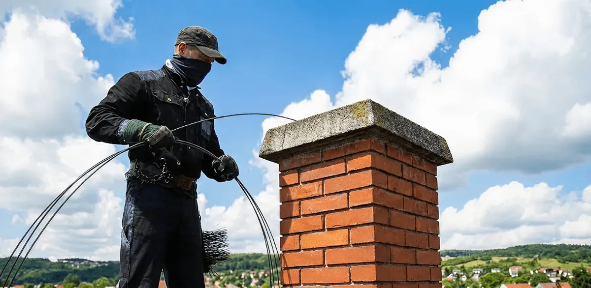Chimney sweep cleaning a brick chimney with professional tools in Pittsburgh, PA