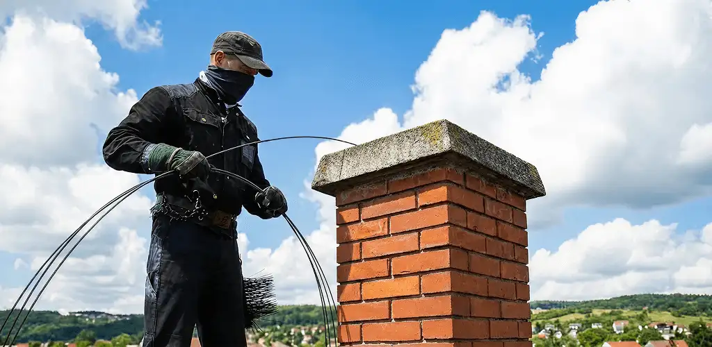 Chimney sweep cleaning a brick chimney with professional tools in Pittsburgh, PA