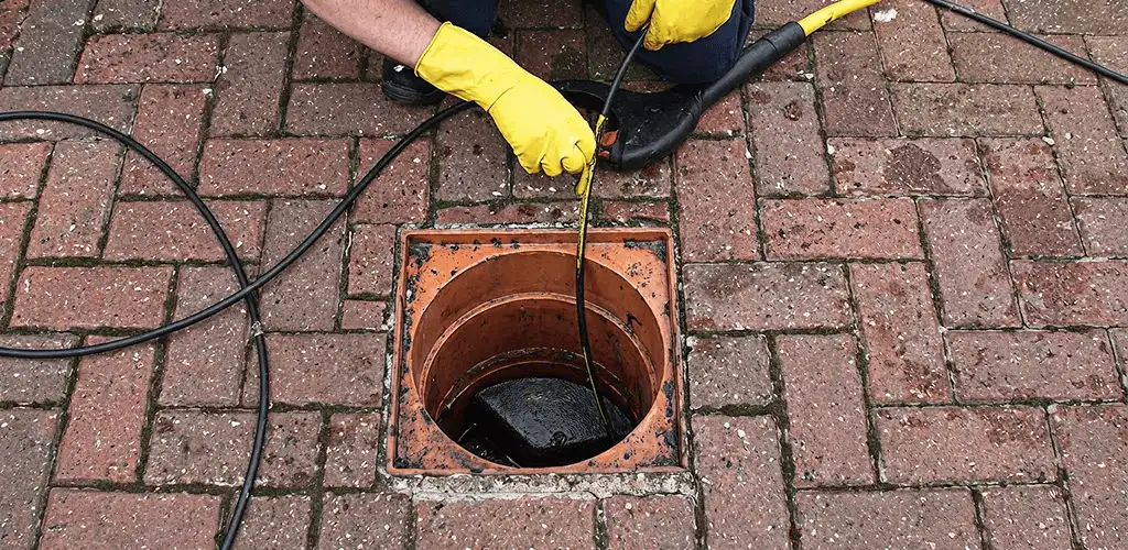 Drain cleaning technician using a drain snake to clear a clogged drain in Pittsburgh, PA