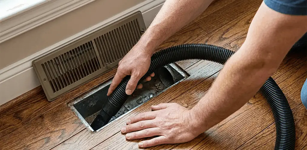 Air duct cleaning technician vacuuming a floor register and duct opening in Pittsburgh, PA