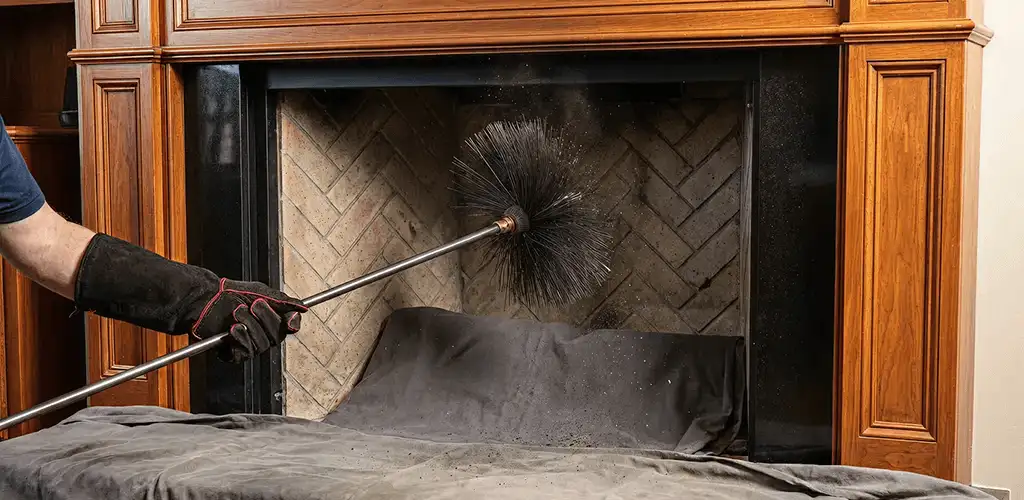 Chimney cleaning service brushing soot from a fireplace and flue in Pittsburgh, PA