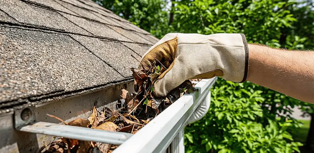Gutter cleaning removing leaves and debris from roof gutters in Pittsburgh, PA