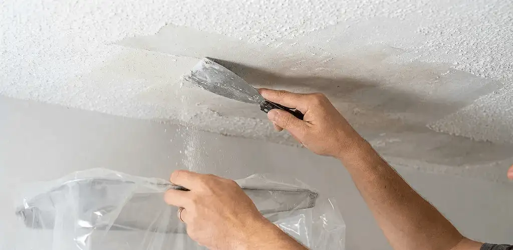 Popcorn ceiling removal technician scraping texture from a ceiling in Pittsburgh, PA