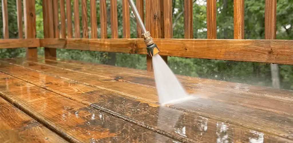 Pressure washing a wood deck to remove dirt and buildup in Pittsburgh, PA