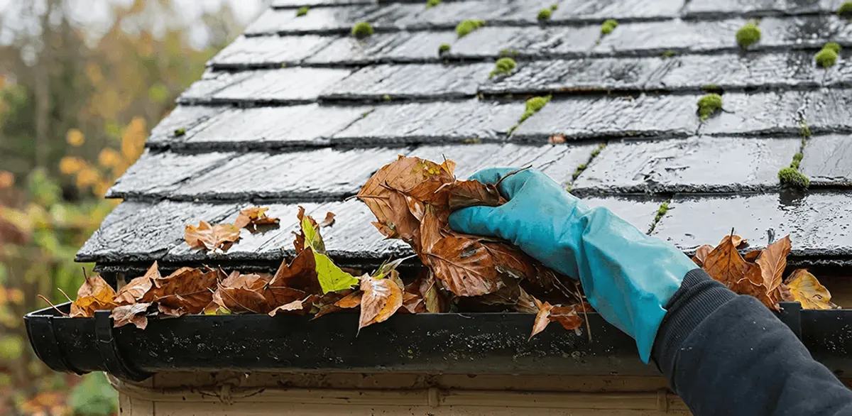 Gutter cleaning technician clearing wet leaves from roof gutters in Pittsburgh, PA
