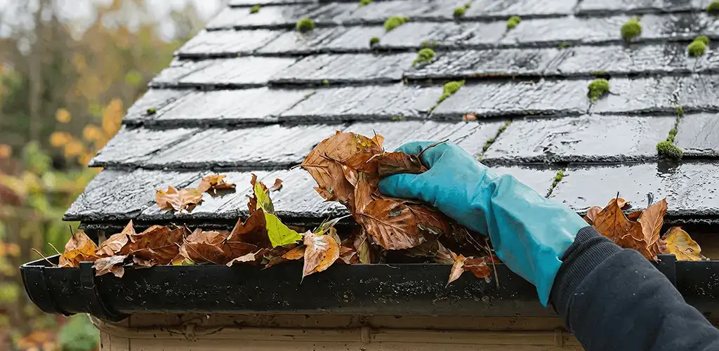 Gutter cleaning technician clearing wet leaves from roof gutters in Pittsburgh, PA