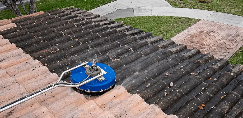 Roof pressure cleaning removing debris and buildup from roof tiles in Pittsburgh, PA