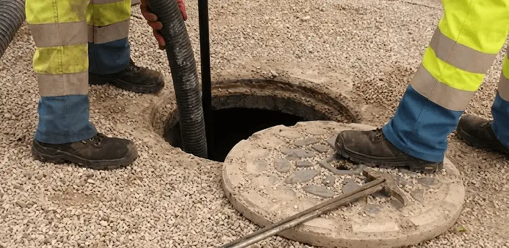 Drain cleaning crew clearing a sewer access point with professional equipment in Pittsburgh, PA