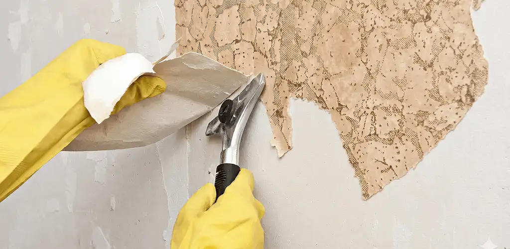 Wallpaper removal service stripping old wallpaper from a wall in Pittsburgh, PA