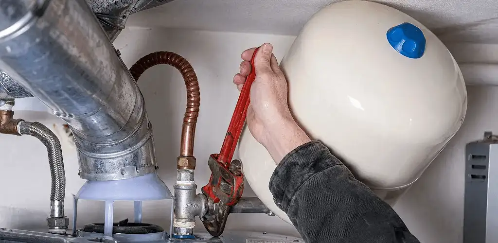 Water heater repair technician tightening plumbing connections near a tank unit in Pittsburgh, PA