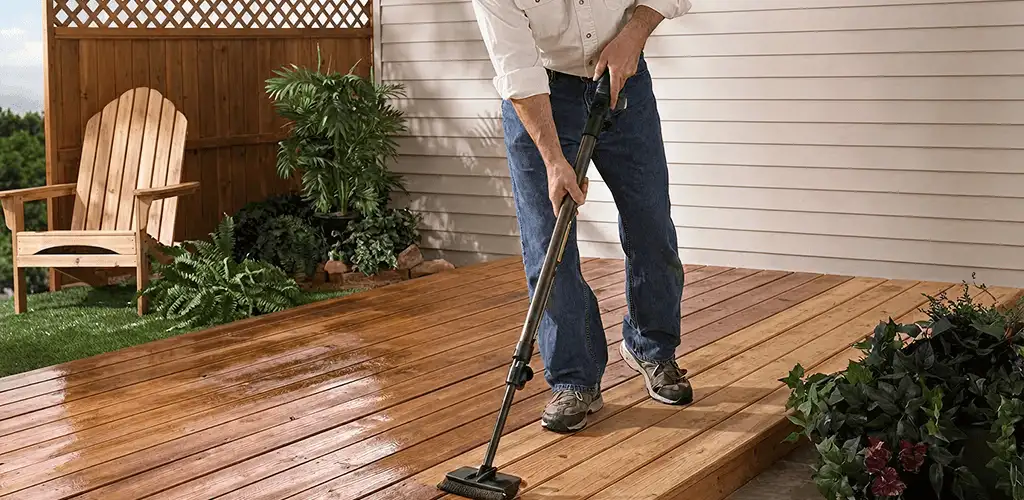 Deck staining service applying stain to a backyard wood deck in Pittsburgh, PA